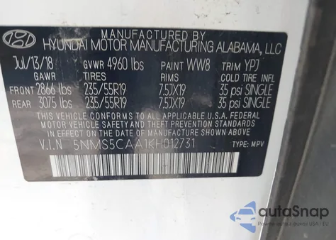 2019 Hyundai Santa Fe Limited 2.0T z USA, uszkodzony, nr VIN 5NMS5CAA1KH012731